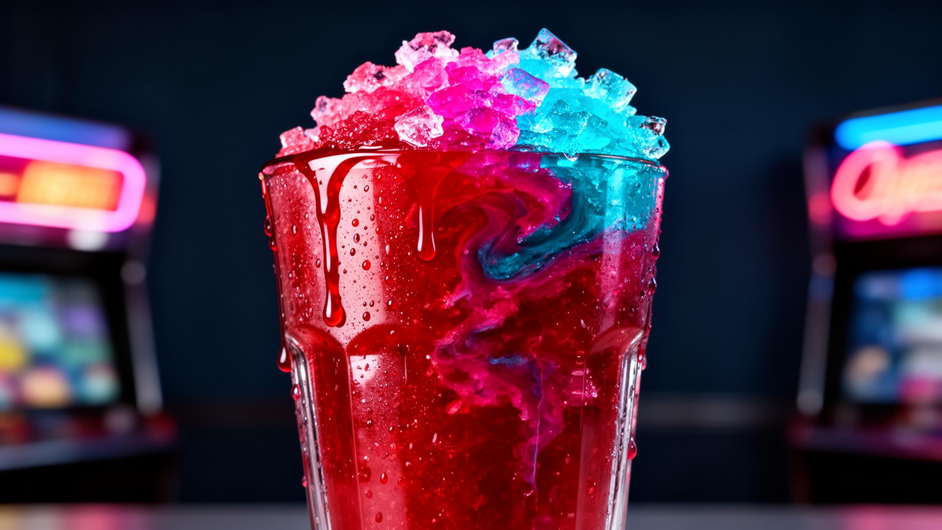 Cherry-red Ninja Slushi cocktail with neon cyan and magenta ice crystals